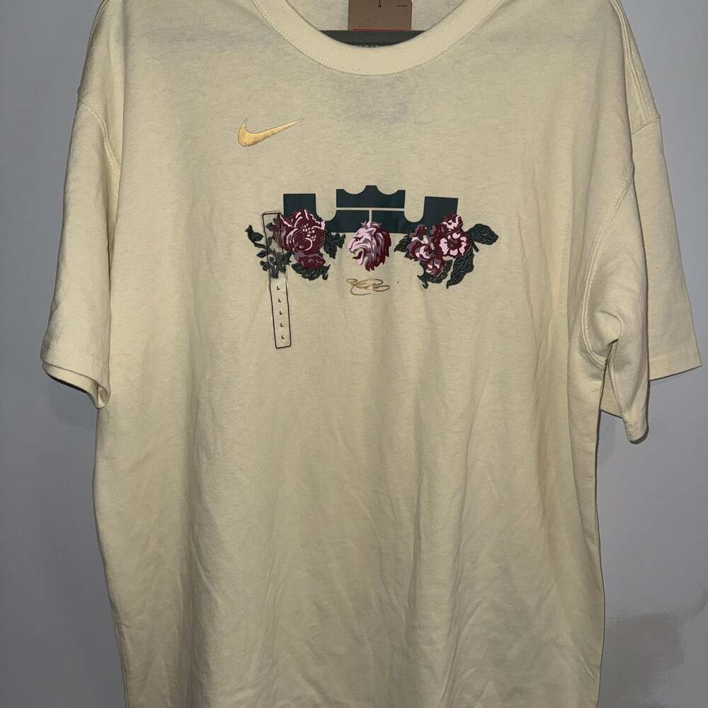Nike LeBron James Max90 Lion Logo‎ Embroidered Shirt Cream Tan Mens L NWT